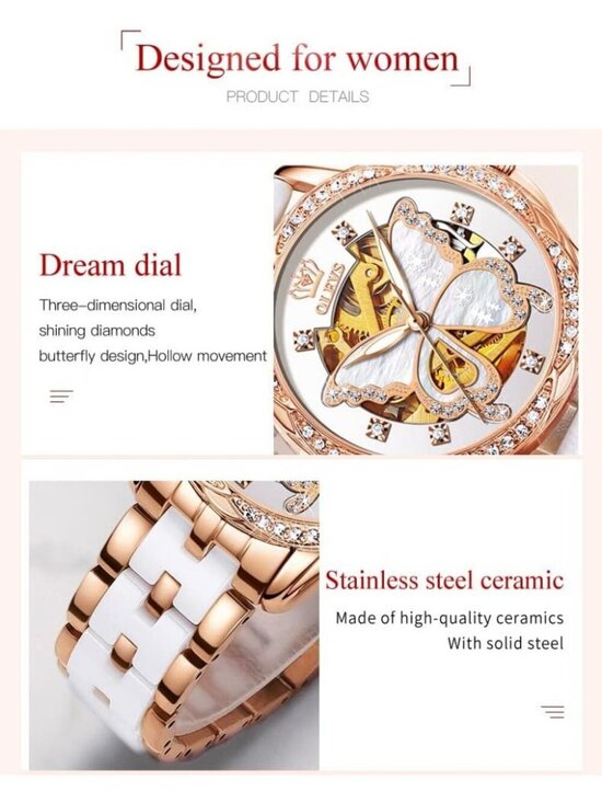 Olevs Womens Rose Gold Butterfly Skeleton Diamond Automatic Elegant Luxury Watch